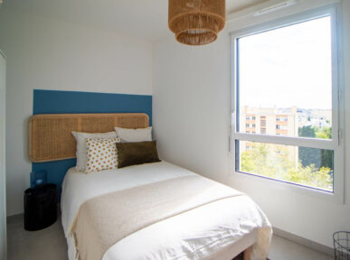 chambre à louer à Lyon (69) par Colivys, mur bleu, placard blanc, lustre en bois